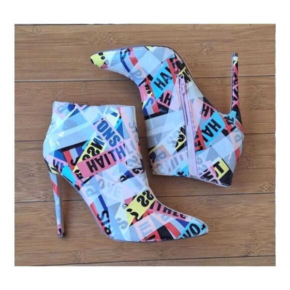 Pazzle Colorful high heels Stiletto Booties women's sz 10 Pink Yellow Blue Print - Picture 8 of 16
